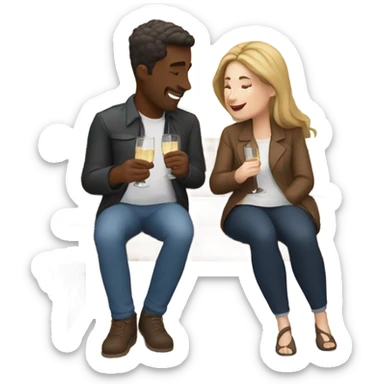 couple of white people with brown hair, sitting closely on a park bench, enjoying a romantic moment. One person is holding a croissant, and the other is holding a glass of Prosecco.  sticker