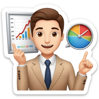 Enthusiastic salesperson with sales chart showing success sticker