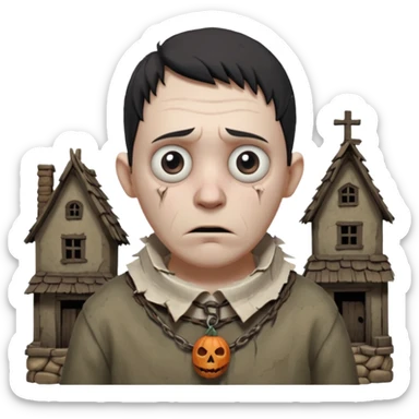 cursed village villager portrait, head and shoulders only, pale skin, torn rustic clothes collar, haunted eyes, eerie atmosphere, 3D cartoon, mobile game icon style, clean background, no text, no watermark

 sticker