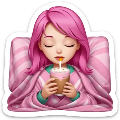 girl with pink hair inside a pink blanket sipping strawberry latte eyes closed emoji to use or share on Discord and Slack. sticker
