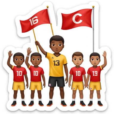 A black boy holding a big team flag, waving it proudly with a determined expression full body sticker