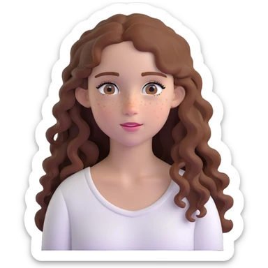 adolescent girl with long wavy hair, freckles, long eyelashes, white top sticker