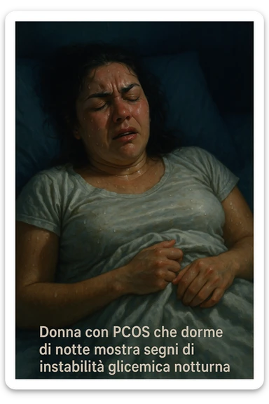 realistic and cinematic illustration of a woman with PCOS sleeping at night showing signs of nocturnal glycemic instability: sweating, agitation, pained expression, nighttime atmosphere, detailed realism, vertical 2:3 format, with Italian captions sticker