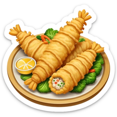 Tempura Cinematic Realistic Tempura Dish Emoji, depicted as extra crispy, lightly battered seafood and vegetables, rendered with vivid textures and dynamic, bright lighting. sticker