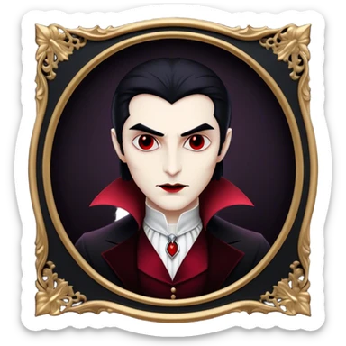 Cinematic Noble Vampire Portrait Emoji, Elegant and commanding, with a refined, pale visage framed by dark, velvet accents and a hint of crimson, exuding timeless seduction and dangerous allure, simplified yet exquisitely detailed, glowing with a soft nocturnal radiance and a subtle, mysterious outline that captures the regal spirit of an immortal lord of the night! sticker