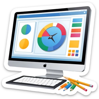 Professional icon for Graphic Design: a computer screen displaying a design layout, vector shapes, a color palette, and design tools like a pencil and ruler. The icon should represent creativity and precision in graphic design. Transparent background. sticker