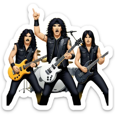 Icon for Heavy Metal: Anthrax live concert with Charlie Benante on drums, Joey Belladonna on vocals, Frank Bello on bass, Jonathan Donais and Scott Ian on guitars. The intense energy of the band is captured with instruments and stage lighting. Transparent background. sticker