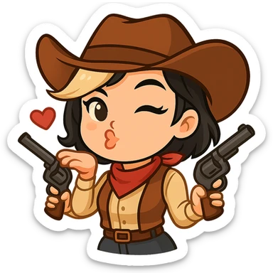 Remove only the left gun from this chibi cowgirl image, keeping the same pose, winking and blowing a kiss expression, and all other details unchanged. Maintain the chibi stickers style with a transparent background, sized for Twitch or Discord use. sticker