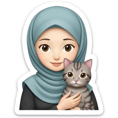 Asian white girl wearing hijab with dress holding a black grey tabby cat while smiling sticker