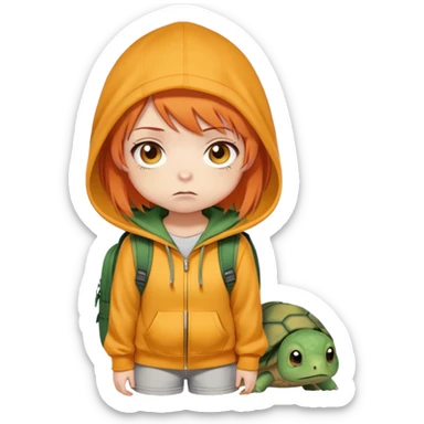 The image emoticon depicts a full-body drawing of a girl in a chibi style—she has a big head and a small body, with large, expressive eyes. She has short, orange hair with bangs and looks slightly sad or worried.  

She is wearing a simple yellow hoodie without zippers or buttons, with a hood designed to look like a turtle's head, giving her a cute and cozy appearance. She also carries a backpack that resembles a turtle shell on her back. The drawing is minimal, sketchy, and cute, without small details, as it is meant to be an emoticon. minimal sketchy sticker