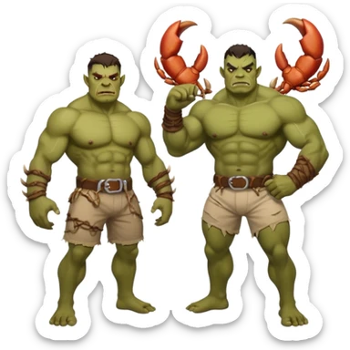 orc male flexing with giant crab. Torn net shorts, claw trophy belt sticker