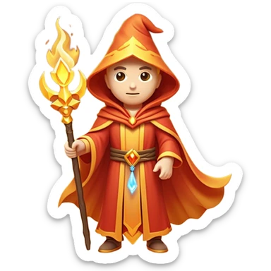 Clash of Clans aesthetic: Cinematic heroic powerful fire Wizard Hero  close up Emoji, rendered in a 3D vector-style similar to standard emojis with minimal shading and bold, simplified shapes. A compact, isometric figure draped in flowing enchanted robes and wielding a mystical staff, softly glowing with an arcane magical charm. Simplified yet unmistakably iconic, highly detailed and consistent, glowing with a soft radiant glow and high shine. Stylized with a touch of whimsical sorcery and a soft glowing outline, capturing the essence of a powerful wizard ready to cast spells with a friendly, playful spirit! sticker