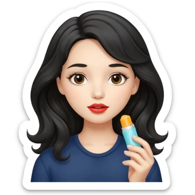 “Girl with light-black wavy hair, soft and flowing. She holds a lip balm just near her lips, about to apply it. The lip balm gives her lips a subtle glossy shine, making them look smooth, hydrated, and naturally pretty sticker