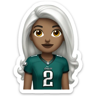 White female long dark hair red lips wearing Philadelphia Eagles jersey sticker