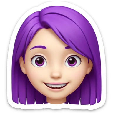 A cute 3D animated emoji character of a young girl face with vibrant purple hair. She has big expressive eyes and a wide happy smile showing teeth. The style is like a Pixar or Disney movie character, soft textures, high quality CGI render, isometric view, on a solid plain white background. sticker