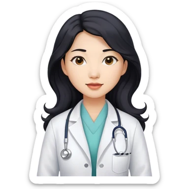 Wavy long black hair Asian female doctor in white coat sticker