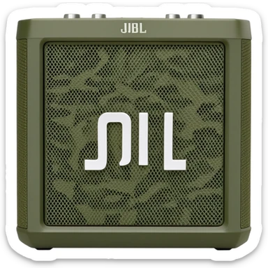 JBL Go 4 in woodland camouflage, simplified design, front view showing speaker grill, modern minimal approach, military style sticker