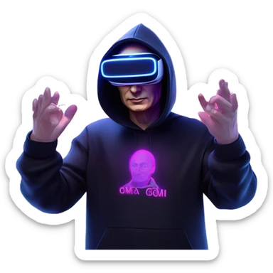 Vladimir Putin wearing a black hoodie with "OMG" letters on it and VR headset oculus quest 2 in a cyberpunk VR environment with violet neon lighting. sticker