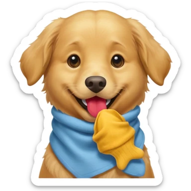 Golden retriever with a big smile holding a sock in its mouth sticker