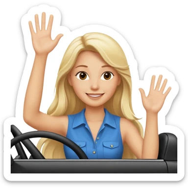 blonde long hair woman driving car. one hand up Happy face confidence sticker