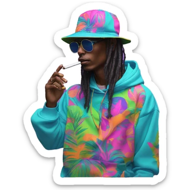 Multicoloured neon person smoking wearing patchwork patterned hippie groove hoodie dancing hip hop bucket hat tropical Skater fashion aesthetic baggy clothes graphic t shirt 420 sticker