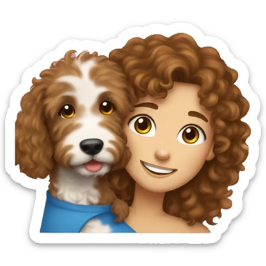 Girl with curly brown hair and blue eyes hugging a Goldendoodle and smiling sticker