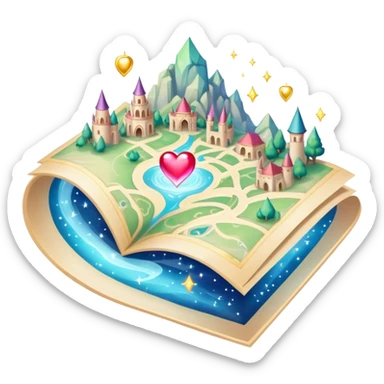 Enchanted floating folded map surrounded by magical sparkles and heart-shaped auras, mystical love journey map sticker