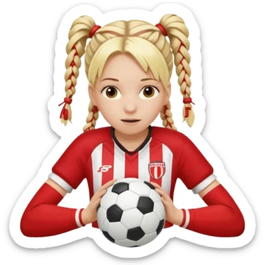 Chica de pelo rubio tirada en el suelo boca abajo agarrando un balón con las manos vestida con una equipación de color rojo y blanco con líneas y con unas botas de tacos de fútbol, con un bucal en la boca y el pelo con trenzas sticker