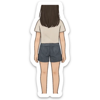illustration of a girl standing with her back facing the viewer, neutral pose, simple clothing, no background sticker