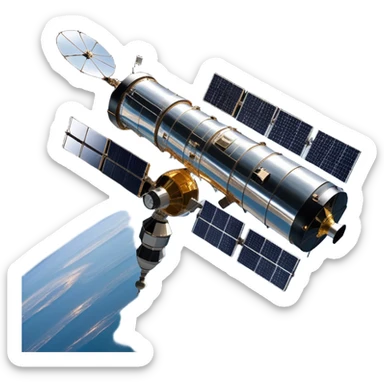 cinematic-realistic-hubble-space-telescope-emoji, an awe-inspiring, ultra-detailed depiction of the Hubble Space Telescope floating in space, its large, reflective metallic surface gleaming against the backdrop of the infinite blackness. The telescope's vast solar panels extend outwards, catching the light from distant stars, while its intricate, cylindrical body showcases advanced, precise engineering. The telescope's large, hexagonal lens is pointed towards the cosmos, surrounded by mechanical components, wires, and sensors. The detailed textures of the telescope’s metallic exterior, the shiny reflective coating, and the intricate grid-like solar panels are sharply contrasted against the void of space, with distant stars and nebulae faintly visible in the background, adding to the sense of scale and technological marvel; rendered with extreme realism and attention to detail. sticker