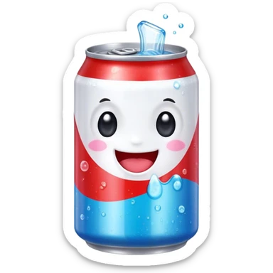 Cute Kawaii Soda Can, bubbly and vibrant, bright red and blue stripes, playful fizz popping around, a chubby happy face with wide sparkling eyes, energetic and refreshing! sticker