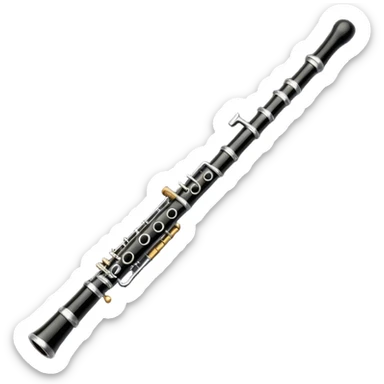 Create an elegant and detailed emoji depicting a black oboe with a cane. The design should showcase the smooth finish of the dark wood oboe with the metal keys clearly visible. A yellow thin bamboo cane should be carefully placed at the top of the instrument, emphasizing its important role in creating sound. Add subtle details such as silver or brass inserts on the keys to emphasize the high quality of the instrument. Use deep black, silver, and wood tones for the oboe to emphasize its refined appearance. The background should be transparent. sticker