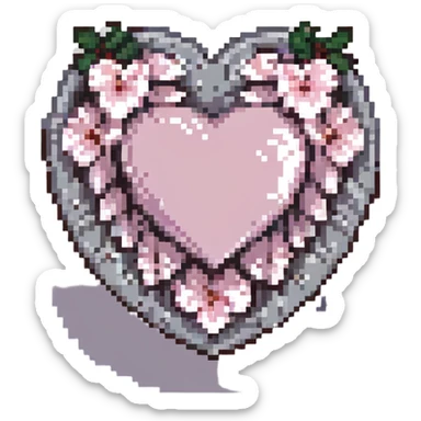 heart with sakura and silver accents, pixel art style sticker