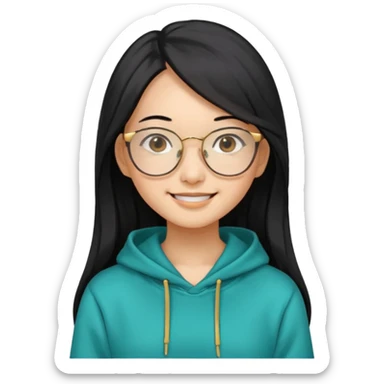 generate a smiling chinese female with long black hair, golden rim glasses, and a teal hoodie sticker