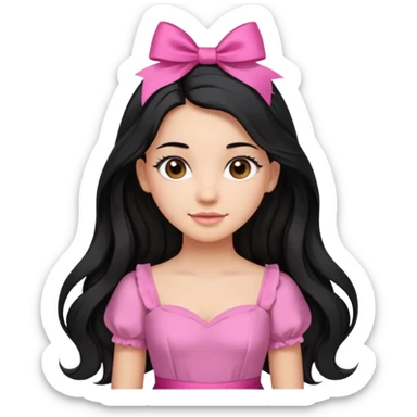 Beautiful girl with long black hair in a half-up half-down hairstyle with pink ribbon tying the top half, waves at the ends, brown eyes, light skin, slight smile, and pink dress sticker
