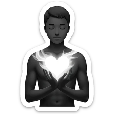 minimalist b&w male silhouette with flowing black-and-white curves across the lower body, now overlaid with a small, softly glowing spark or radiant light near the chest or head — heart symbolizing inspiration, inner fire, and creative energy awakening” sticker
