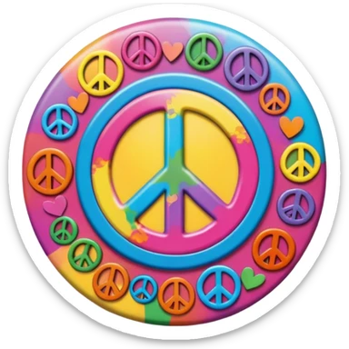 A round hippie colored button with a peace sign in the center sticker