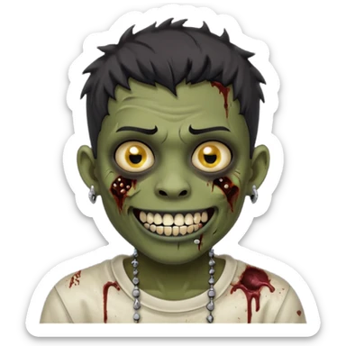 Make a boy zombie dark skin and short black 4c hair, showing a studded grillz teeth with a earing sticker