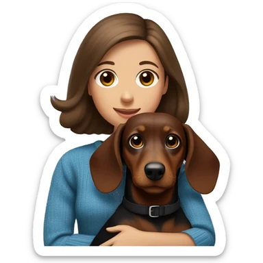 a girl with brown hair with a bob with brown eyes in a blue sweater holds a black dachshund with a brown muzzle and brown paws in her arms sticker