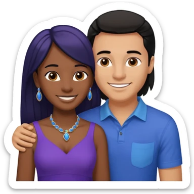 smiling embracing interracial couple. man is tan and has brown straight hair he is wearing blue. woman has very dark color skin and long black hair. she is wearing purple and has matching blue jewelry on sticker