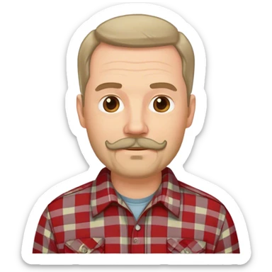 middle aged white man with dark brown van dyke facial hair, wearing a plaid shirt sticker