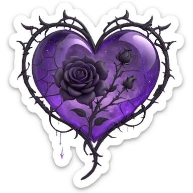 gothic heart made of purple glass with a crescent moon at the top, single large black rose, swirling stardust, branching lightning, misty rain, spiderweb cracked glass texture sticker