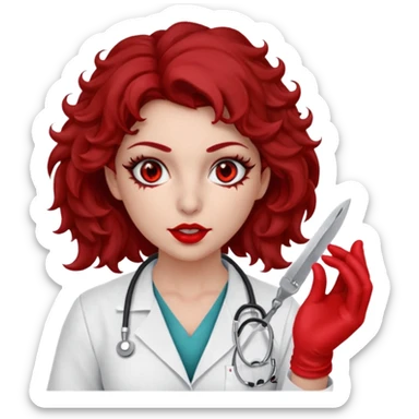 Lilith scalpel in hand, evil surgeon sexy surgeon clothes.  She has red eyes. Dark brown curly hair. Wears sexy doctor outfit with red gloves.covers her mouth necknose with red bandana to hide  her identity. Hair is long and brown hair is free but must cover her face sticker