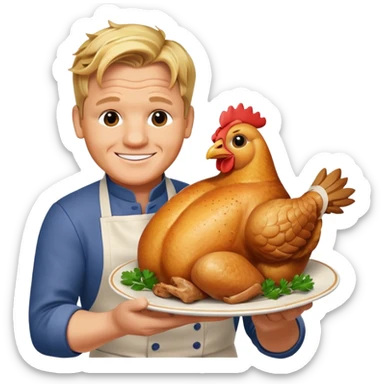 Gordon Ramsay smiling warmly, holding a plate with a whole cooked chicken sticker