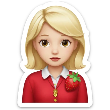 A girl with a blonde hair wearing a strawberry clip and wearing a cute red outfit sticker