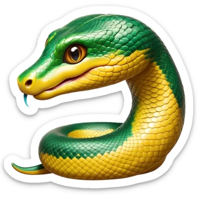 Cinematic Cute Anaconda Portrait Emoji, Head tilted playfully and inquisitively, with a sleek, shimmering body adorned with detailed scale patterns and round, sparkling eyes full of wonder, Simplified yet irresistibly adorable features, highly detailed, glowing with a warm, friendly jungle glow, high shine, affectionate and lively, stylized with a touch of whimsical reptilian charm, soft glowing outline, capturing the essence of a mischievous serpent that feels like it could slither out of the screen into your arms! sticker