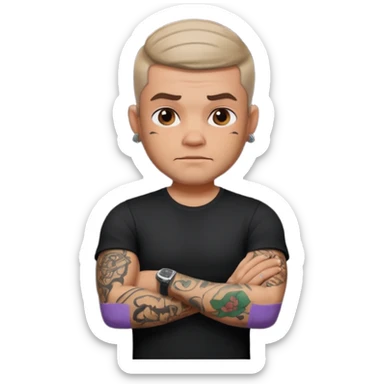 male memoji, man with tattoos, black t-shirt, tough look, arms crossed sticker