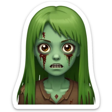 Zumbi feminino, de pele verde, cabelo marrom, longo, liso e castanho com franja reta sticker