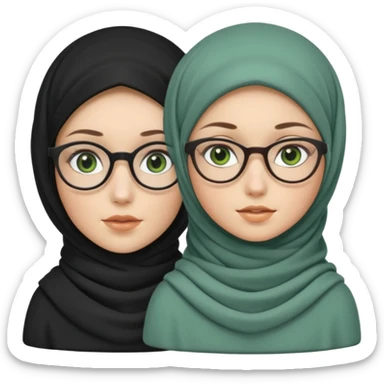White hijabi girl with black eyes and black long hair white girl and black eyes wearing glasses and a white skin girl with curly honey hair and green eyes sticker