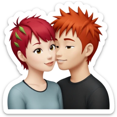 Asian Spiky short red hair  guy kissing redhead white girl with bangs sticker